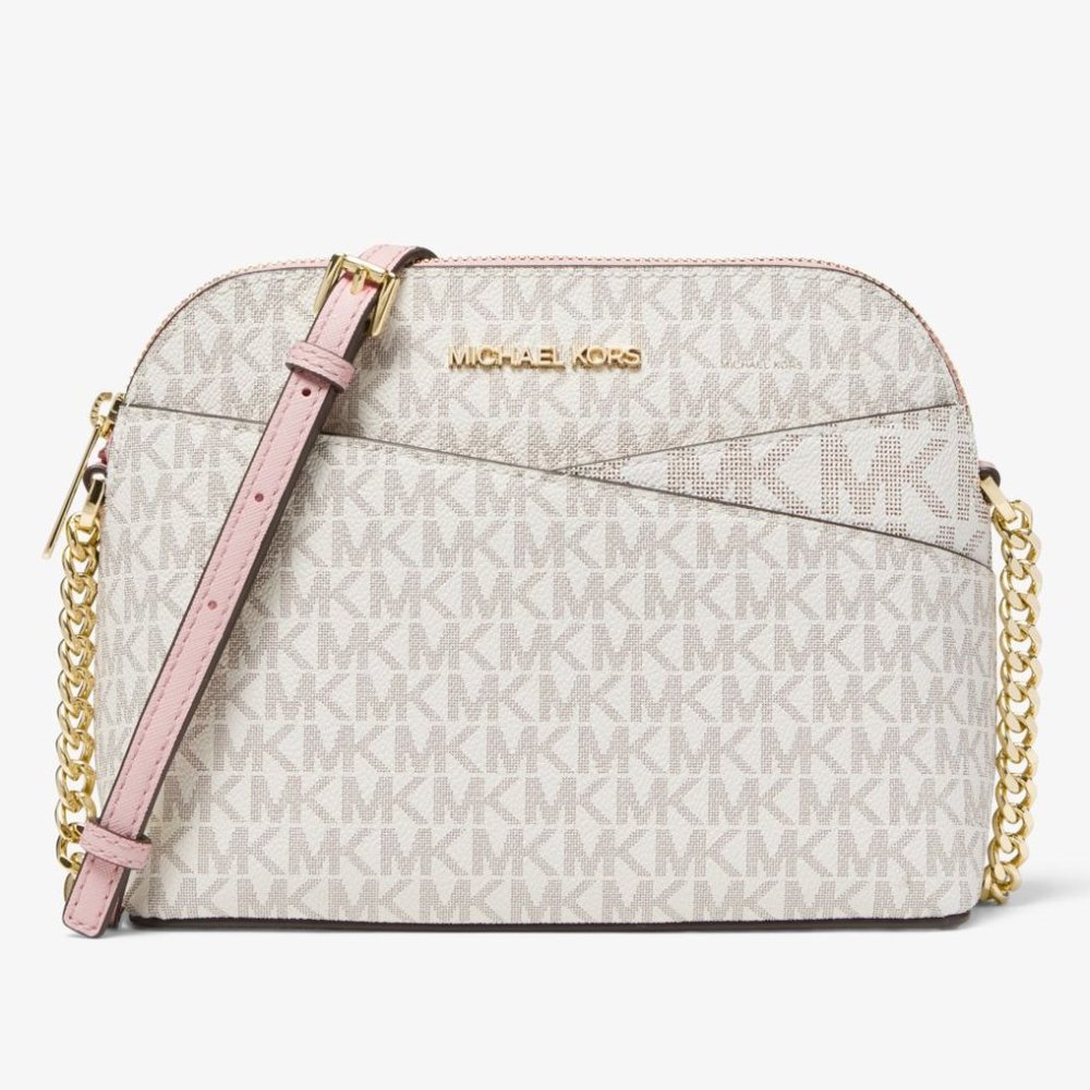 New Michael Kors Jet Set Travel Medium Logo Dome Crossbody Powder Blush Multi